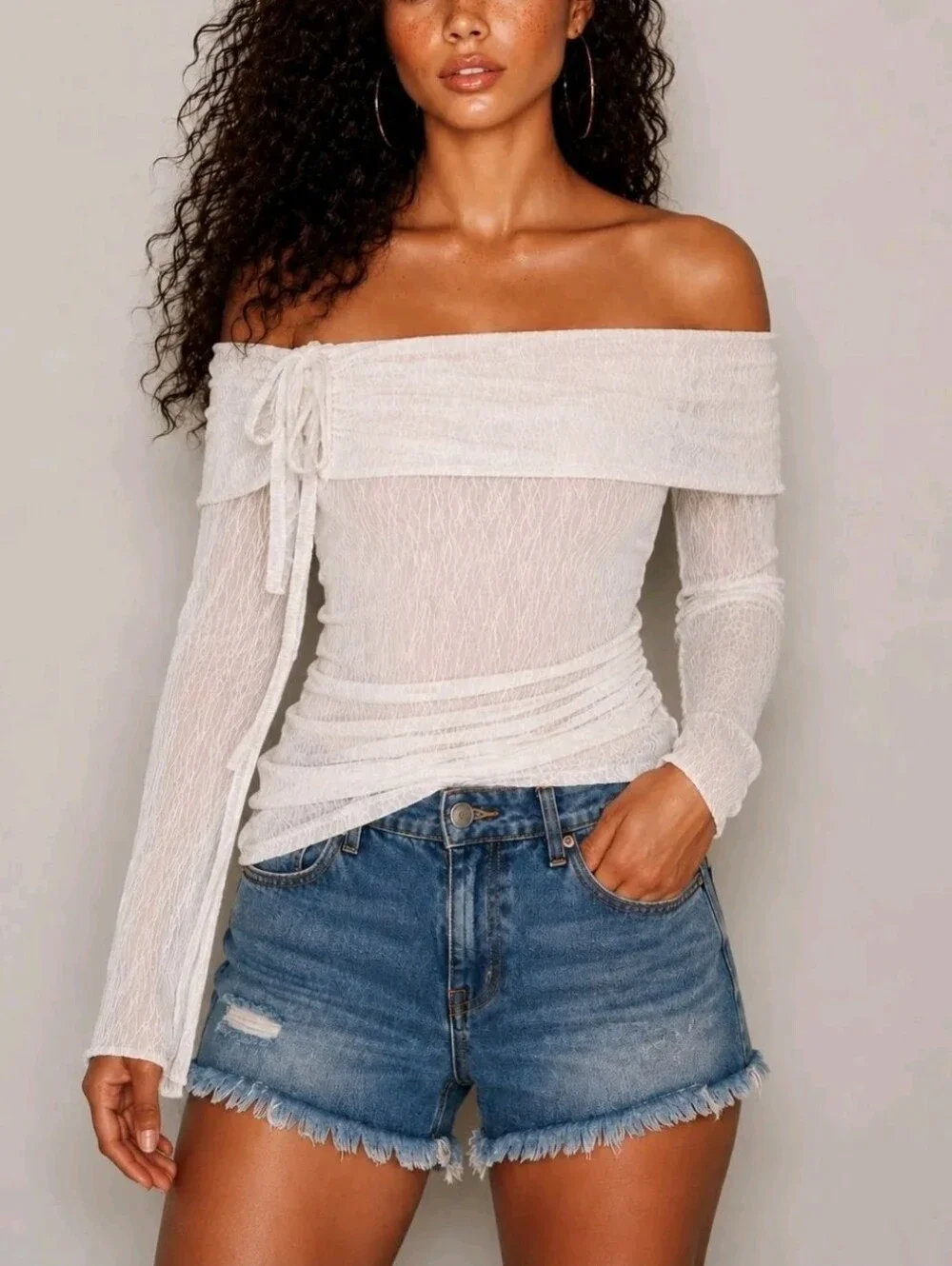 Off-Shoulder Sheer Textured Lace Top Draped Ruched Desing Casual Blouse Size S